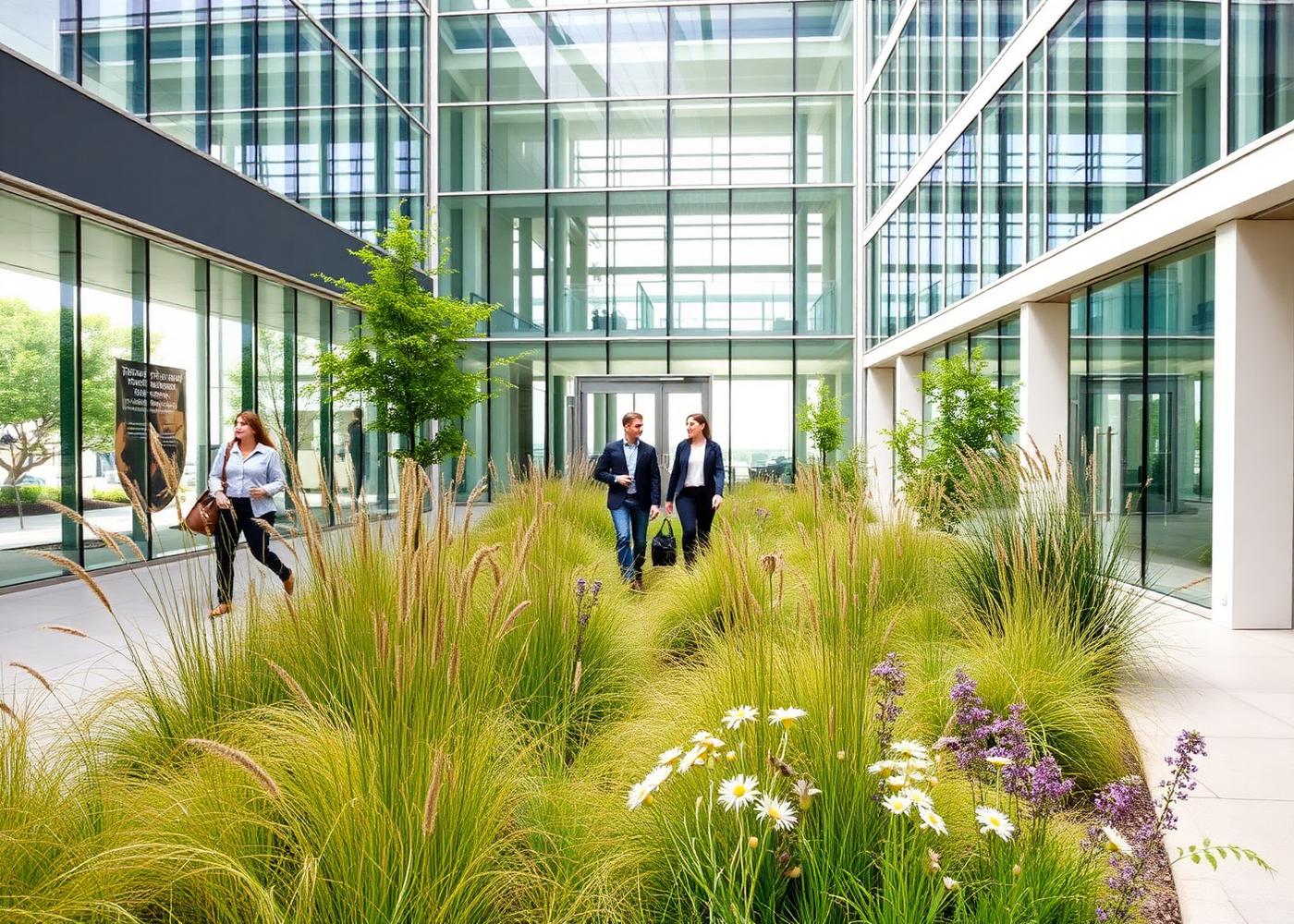 Modern office courtyard planted with native grasses and wildflowers