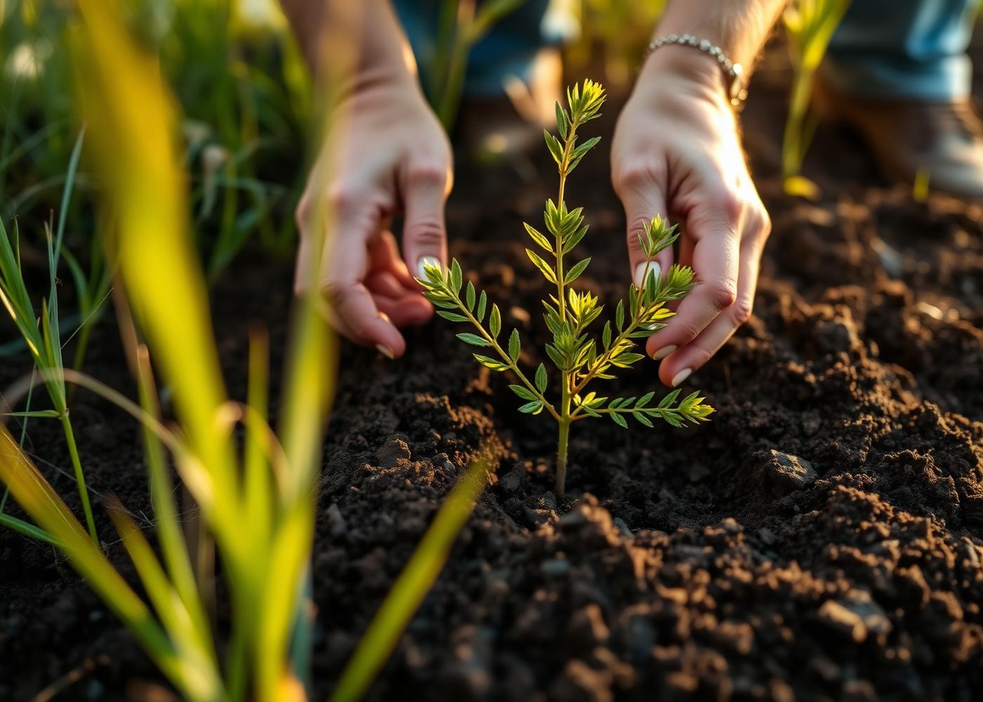 Hands planting a young sapling in dark soil